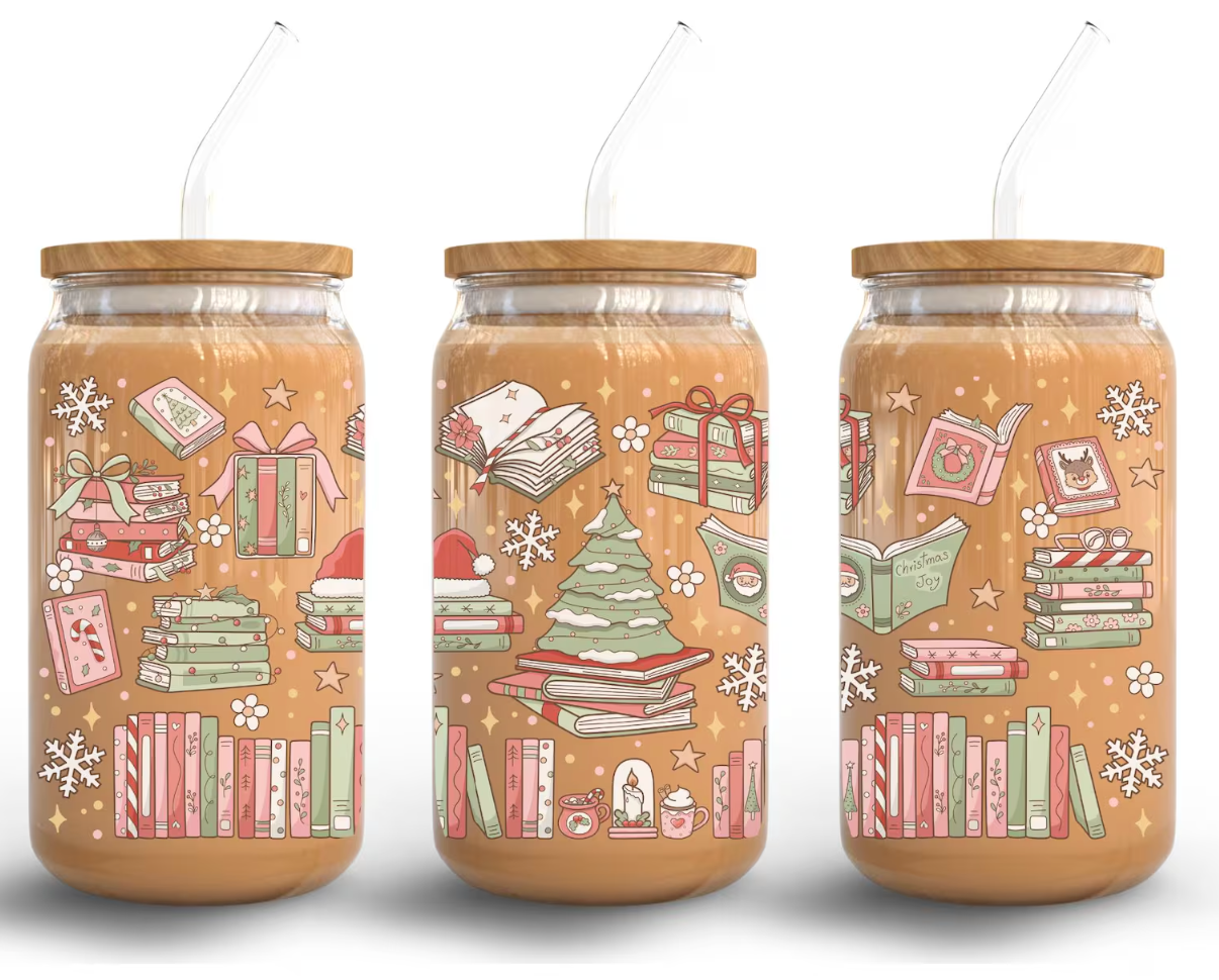 Christmas Books Beer Can Glass
